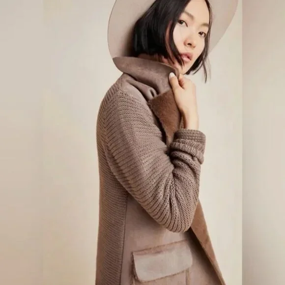 Anthropologie Brown Piper Open Front Faux Fur Trim Ribbed Sweater Coat - Size XS - Picture 3 of 11